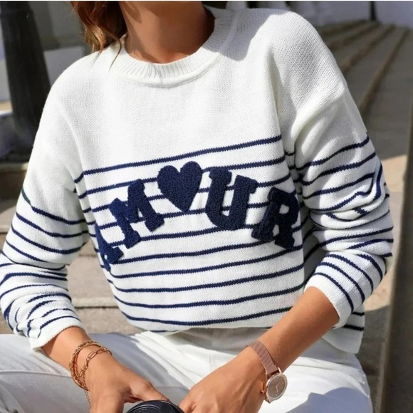 Striped & Letter Pattern Sweater - Picture 2 of 4